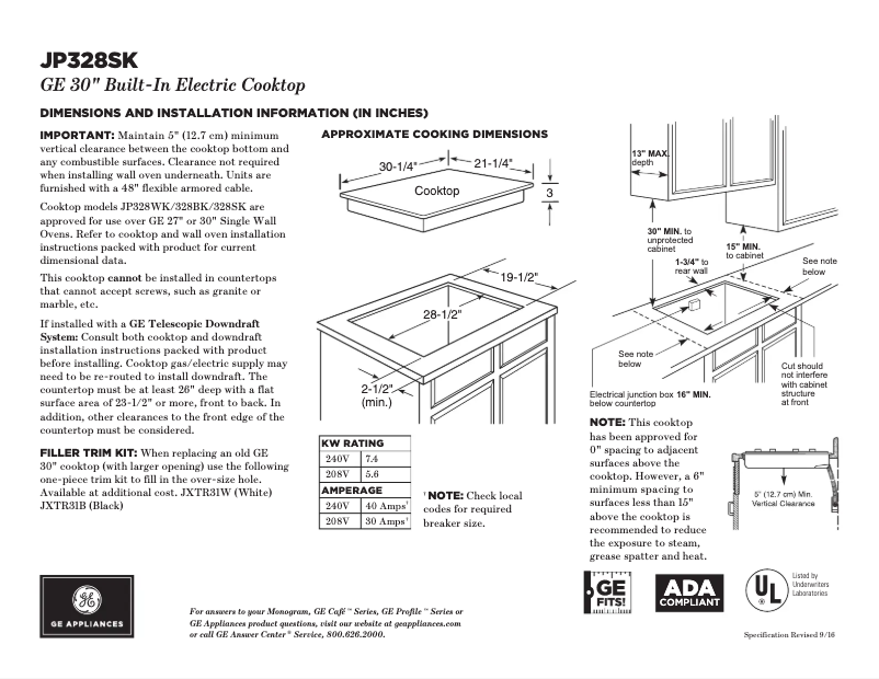 Página 1 del manual Ficha técnica GE JP328SKSS