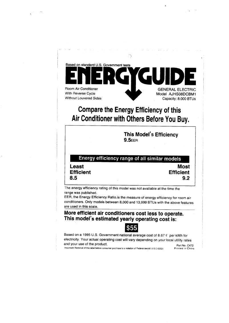 Página 1 del manual Etiqueta energética GE AJHS08DCB