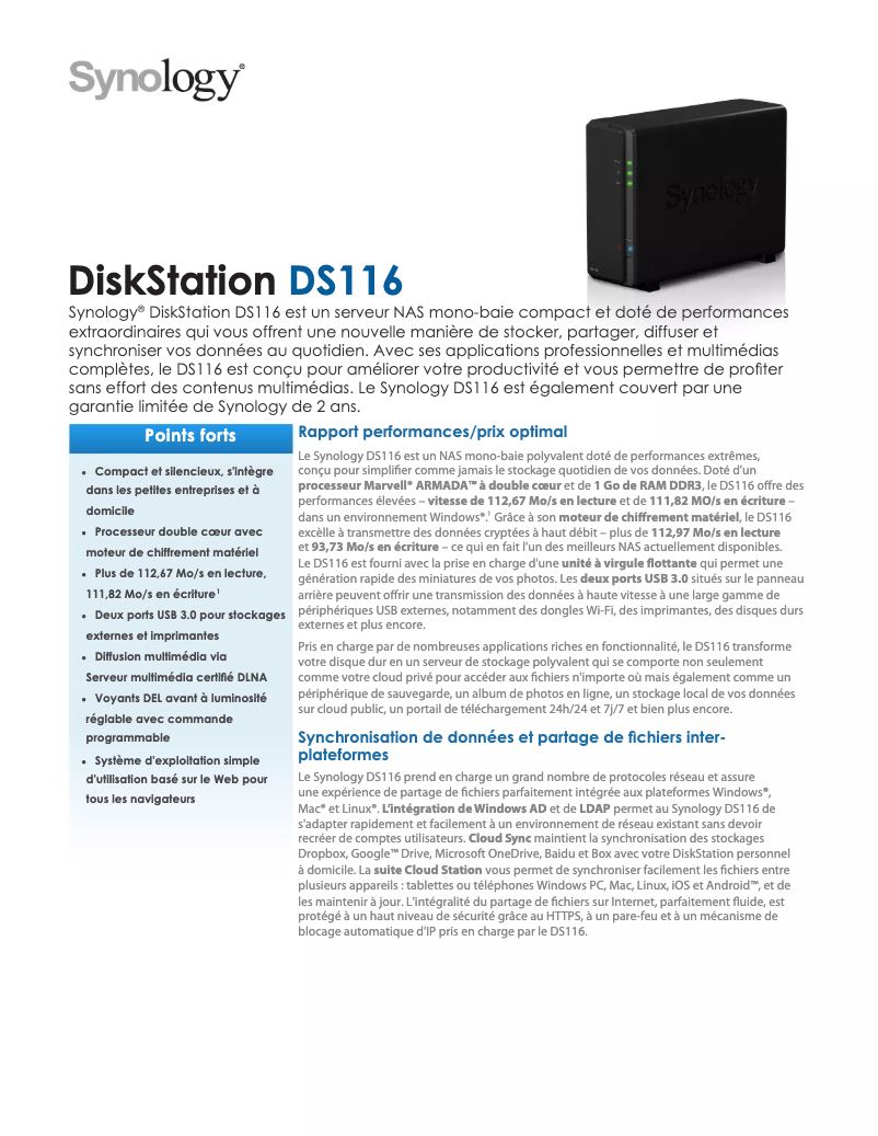 Page 1 de la notice Fiche technique Synology DiskStation DS116