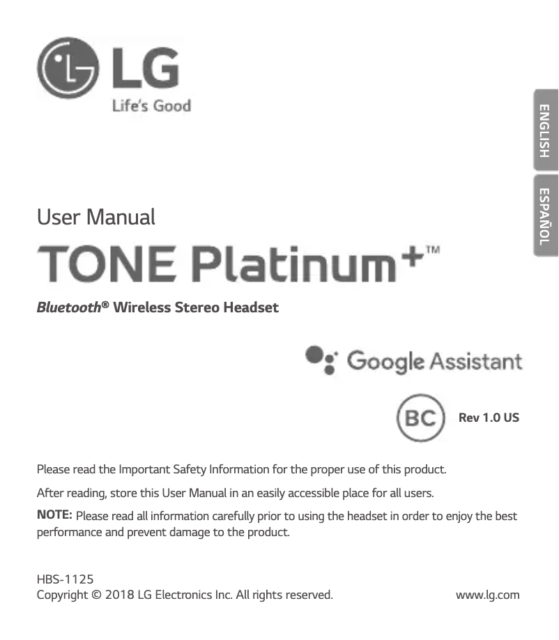 Page 1 de la notice Manuel utilisateur LG TONE Platinum+