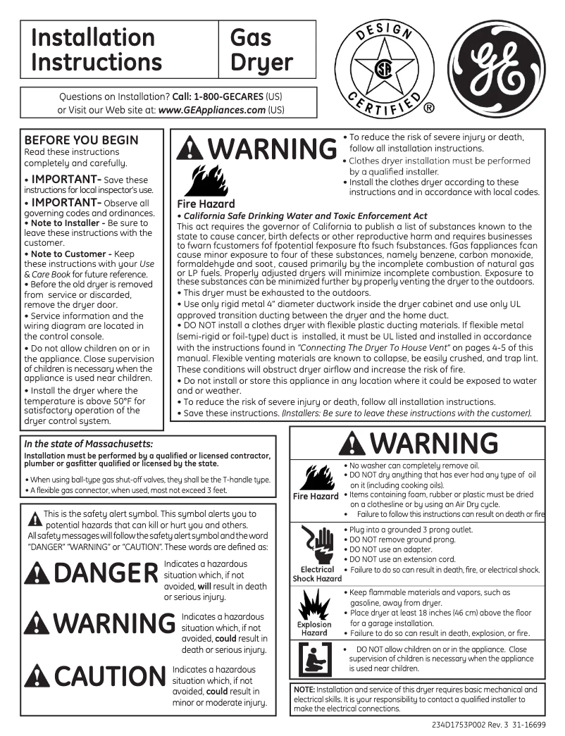 Page n°1 - Guide d'installation GE GTDS850GDWS