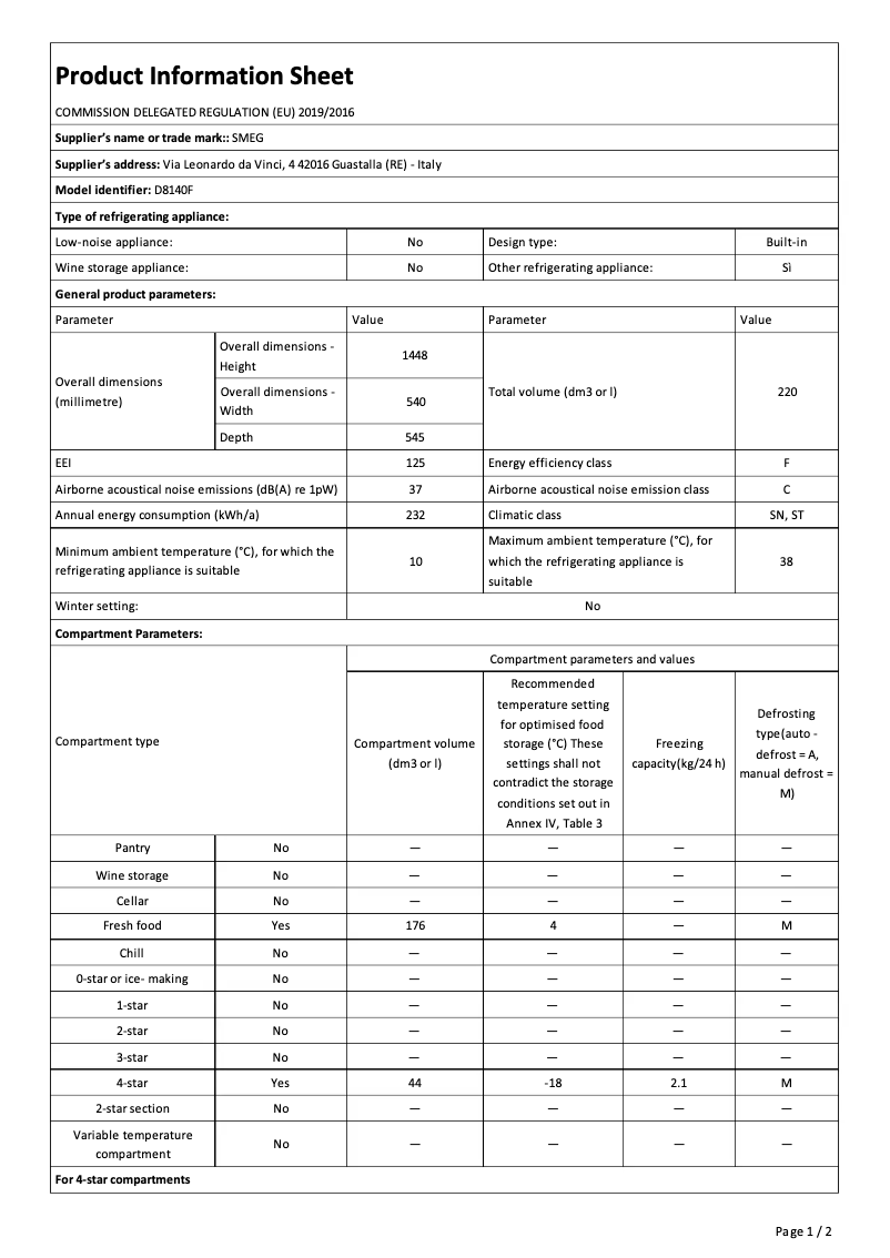 Page 1 de la notice Brochure Smeg D8140F