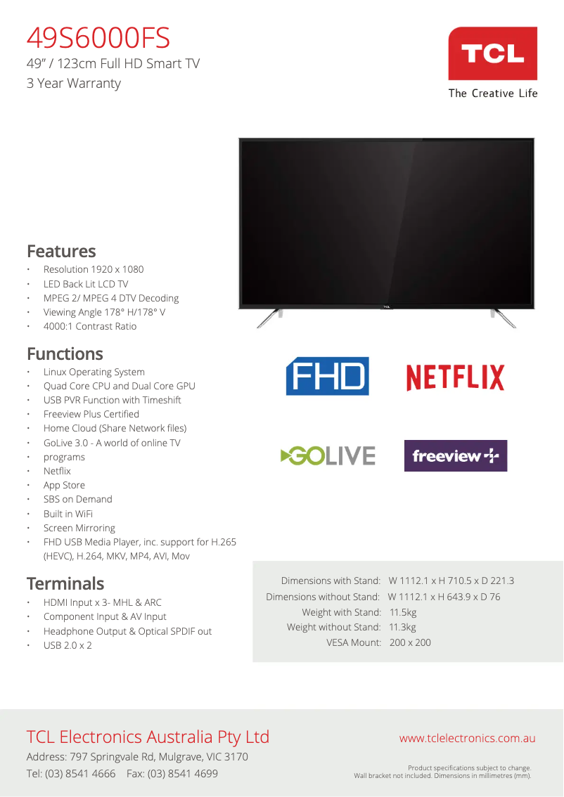 Page 1 de la notice Fiche technique TCL 49S6000FS