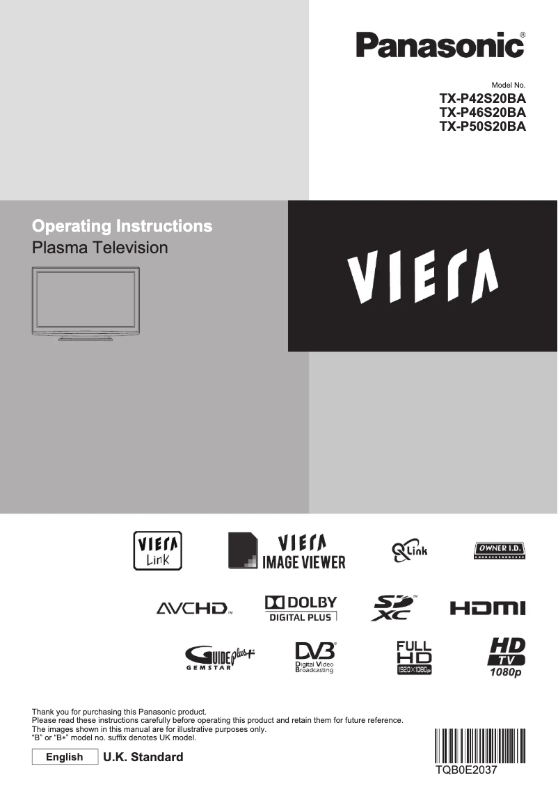 Page 1 of the manual User Manual Panasonic Viera TX-P50S20BA