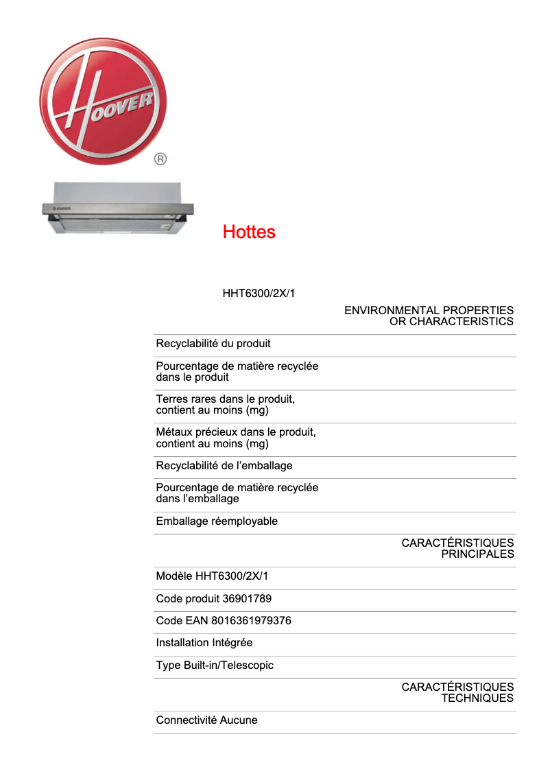 Page 1 de la notice Fiche technique Hoover HHT6300/2X