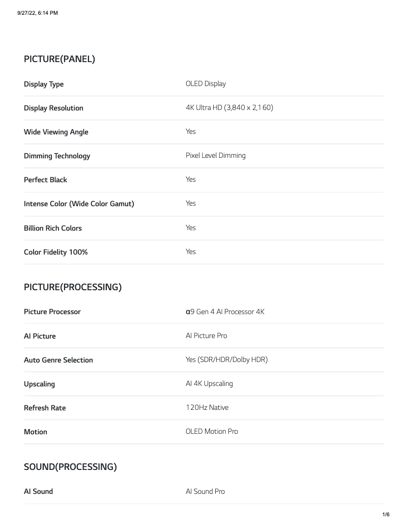 Page 1 de la notice Fiche technique LG OLED77C1AUB