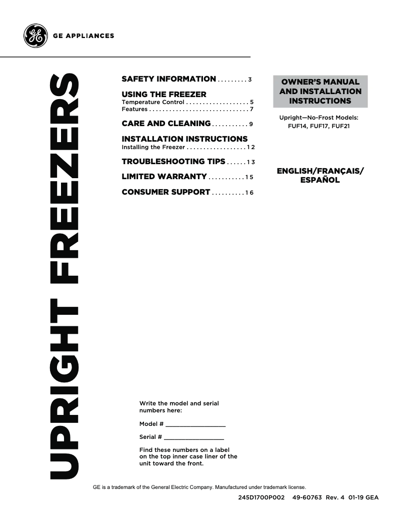 Page 1 of the manual Use and Maintenance Manual GE FUF17DLRWW