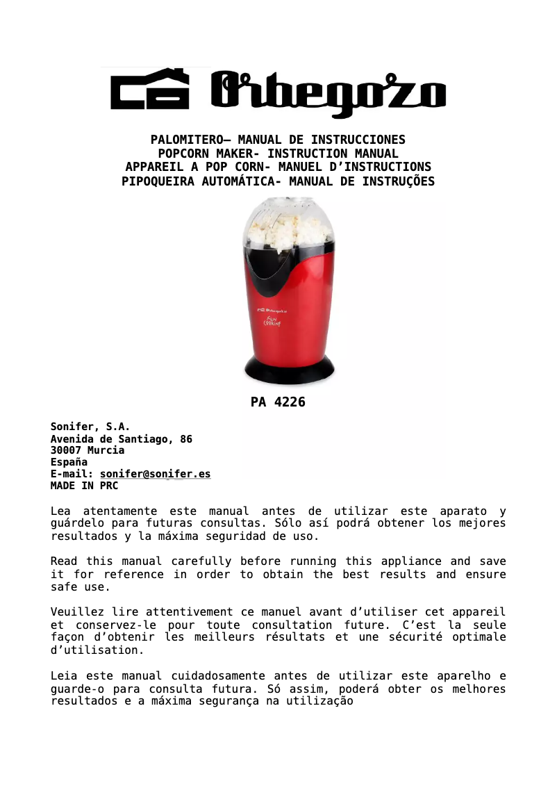 Page 1 of the manual User Manual Orbegozo PA 4226