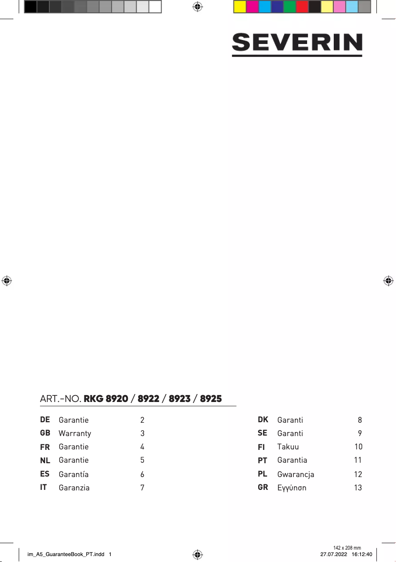Page 1 de la notice Informations de garantie Severin RKG 8920