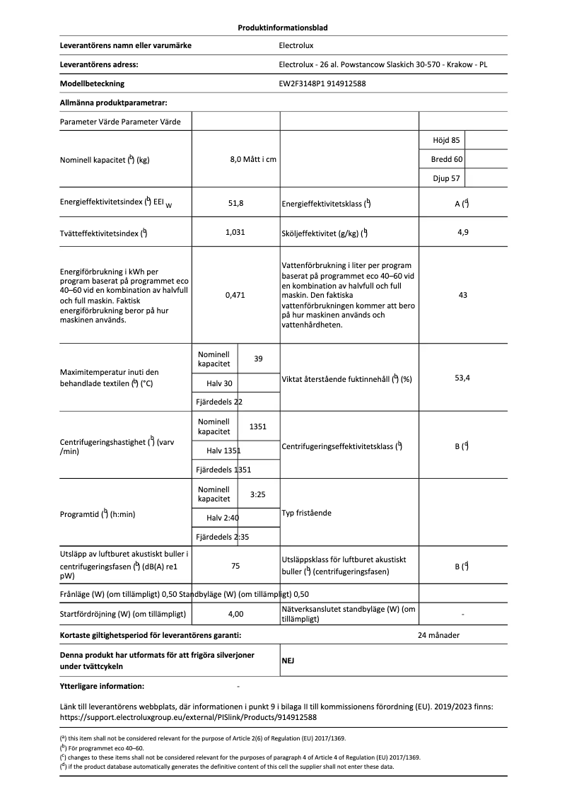 Page 1 de la notice Fiche technique Electrolux EW2F3148P1