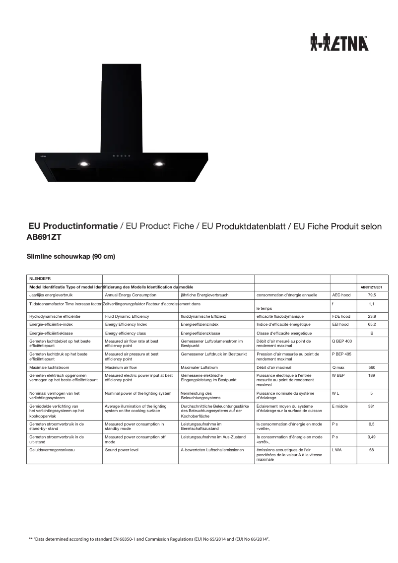 Page 1 de la notice Fiche technique Etna AB691ZT
