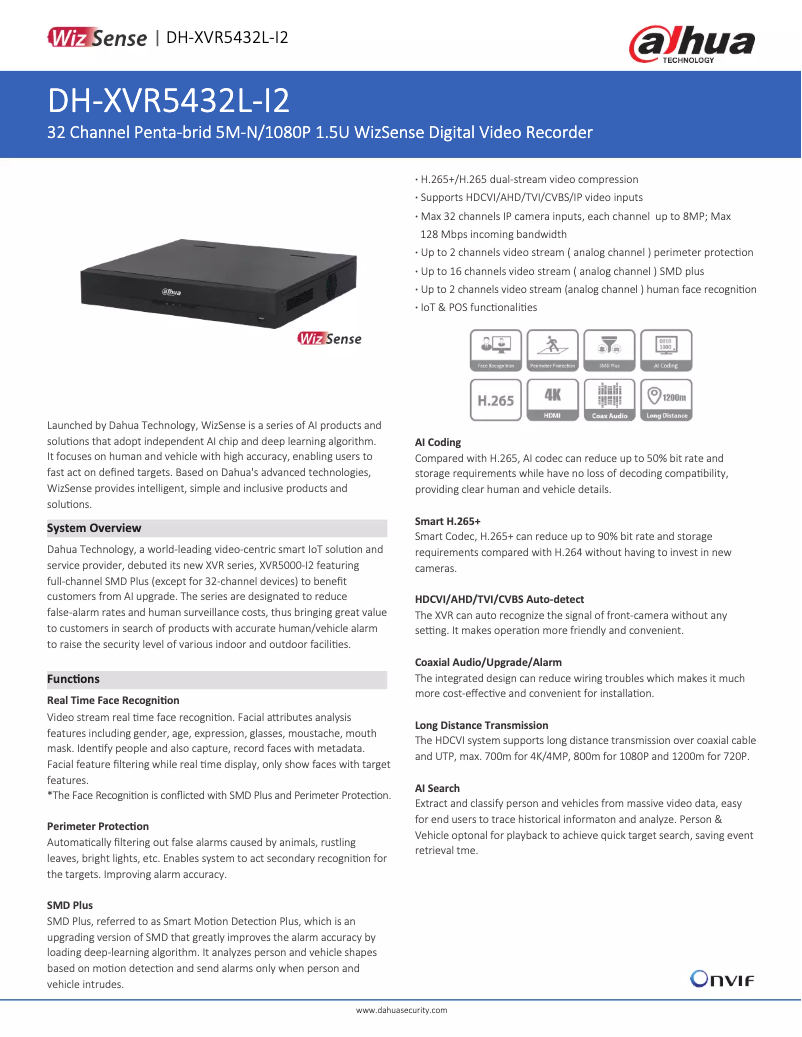 Page 1 de la notice Fiche technique Dahua Technology XVR5432L-I2
