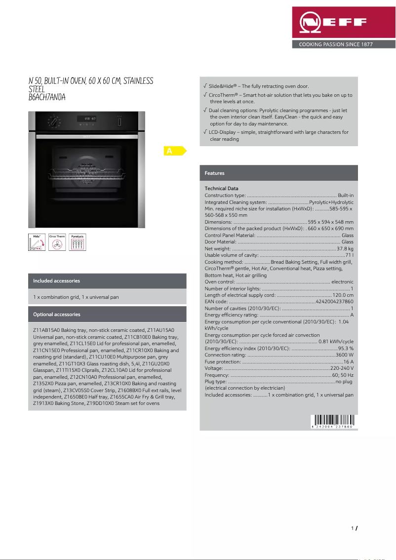 Page 1 of the manual Technical Sheet Neff B6ACH7AN0A