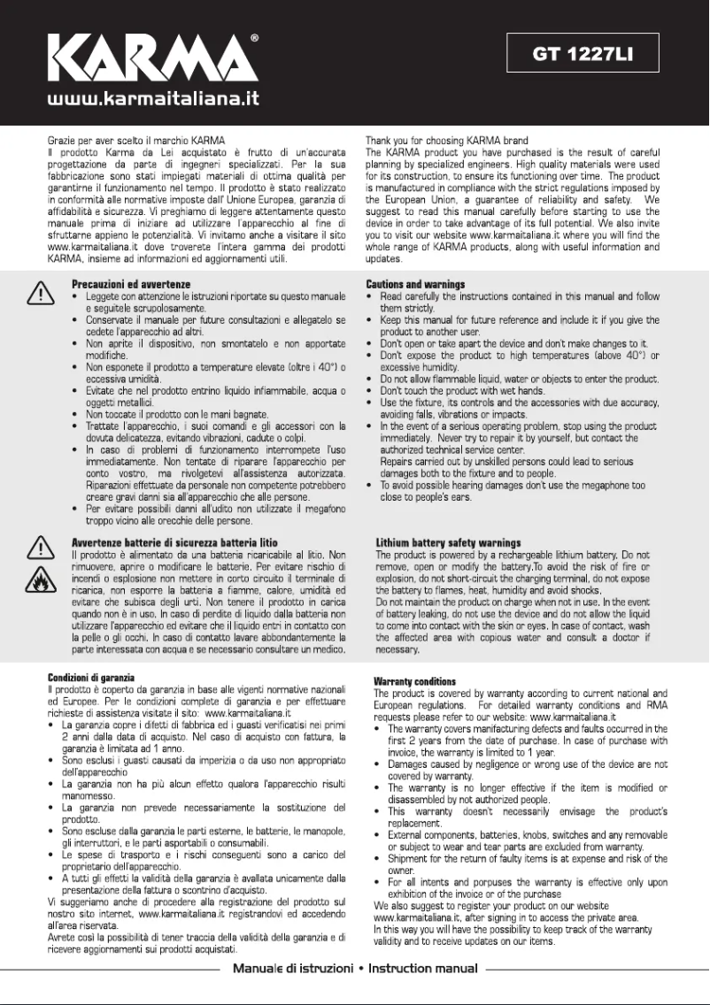 Page 1 de la notice Manuel utilisateur Karma GT 1227LI