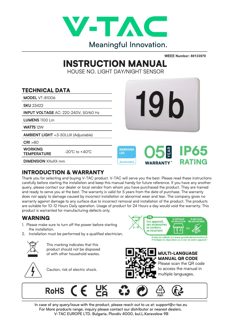 Page 1 de la notice Manuel utilisateur V-TAC VT-81006