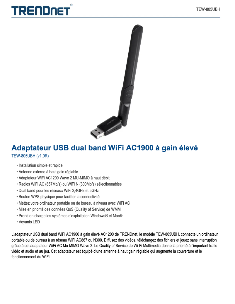 Page 1 de la notice Fiche technique TRENDnet TEW-805UBH