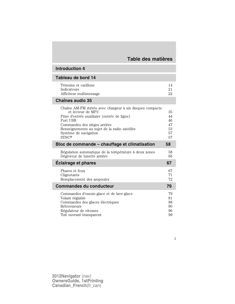 Page 1 de la notice Manuel utilisateur Lincoln Navigator (2012)