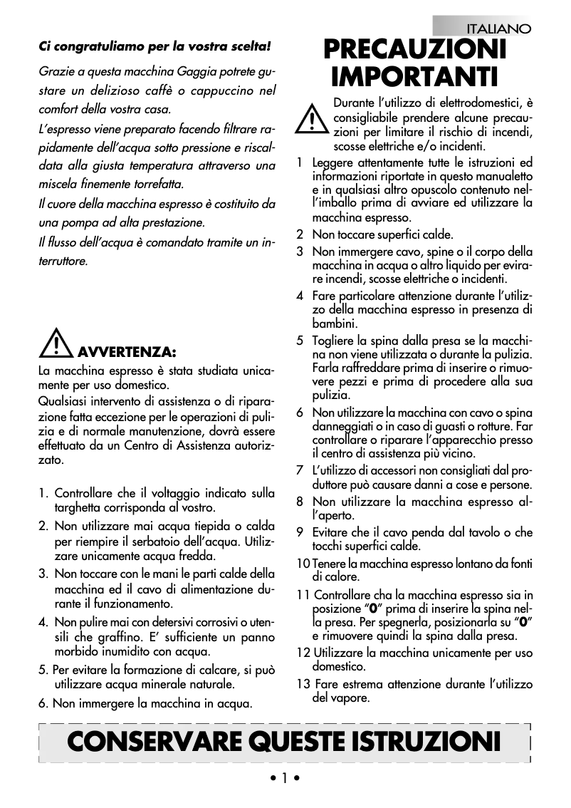 Page 1 of the manual User Manual Gaggia Anima