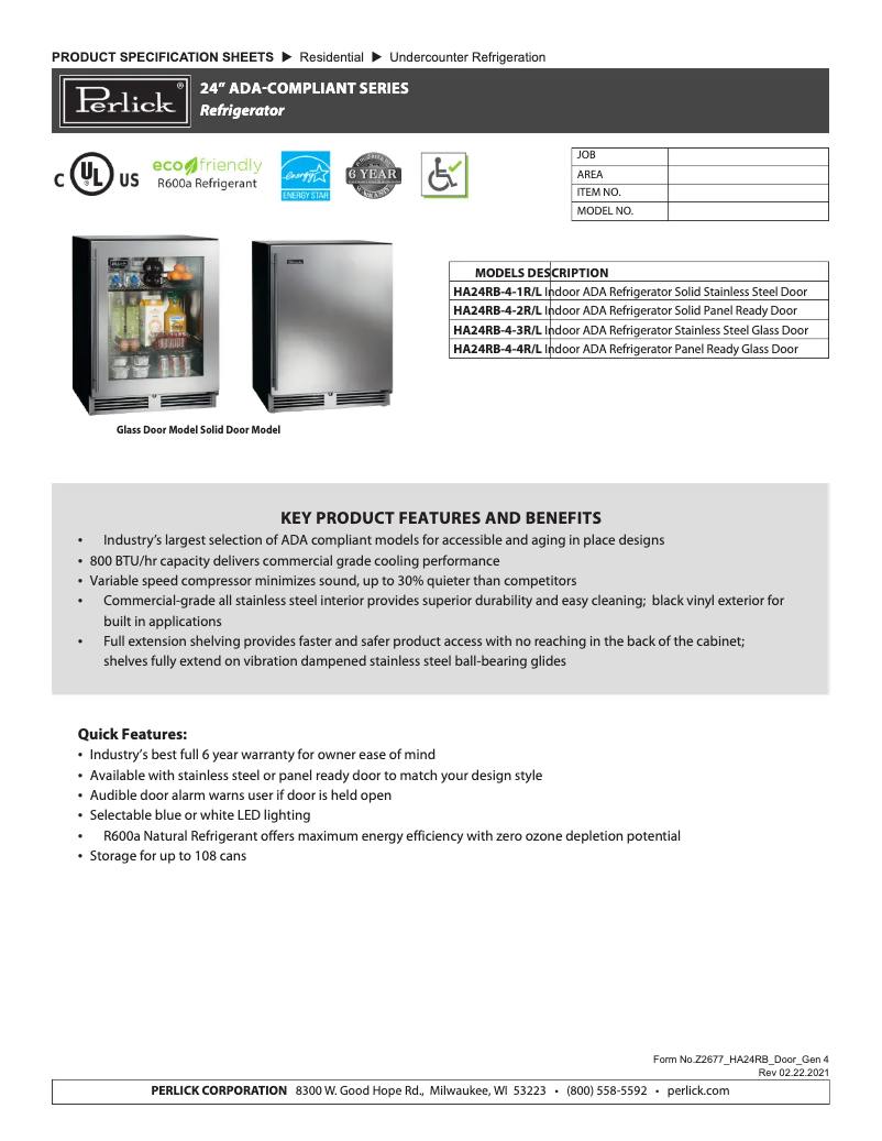Page 1 de la notice Fiche technique Perlick HA24RB-4-2L