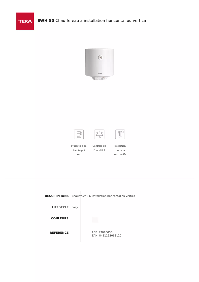 Page 1 de la notice Manuel utilisateur Teka EWH 50