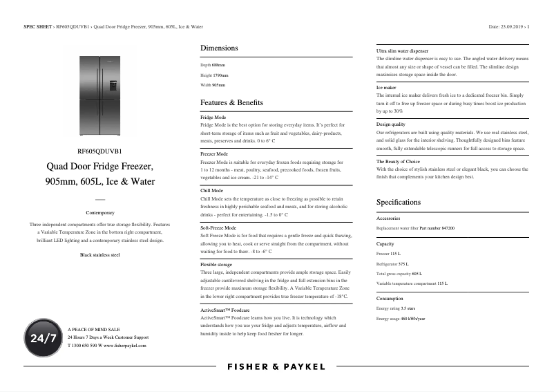 Página 1 del manual Ficha técnica Fisher & Paykel RF605QDUVB1