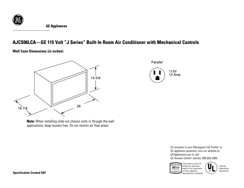 Página 1 del manual Ficha técnica GE AJCS06LCA