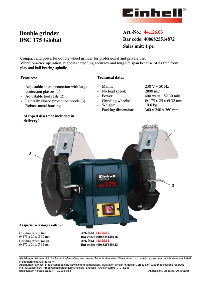 Page 1 de la notice Fiche technique Global DSC 175-m