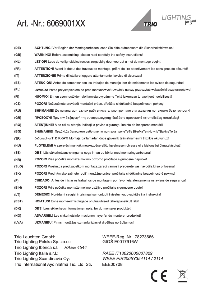 Page 1 de la notice Manuel utilisateur Trio Lighting Johann 606900161