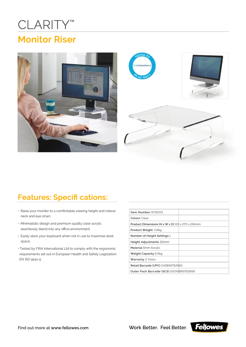 Page 1 de la notice Fiche technique Fellowes 9731401