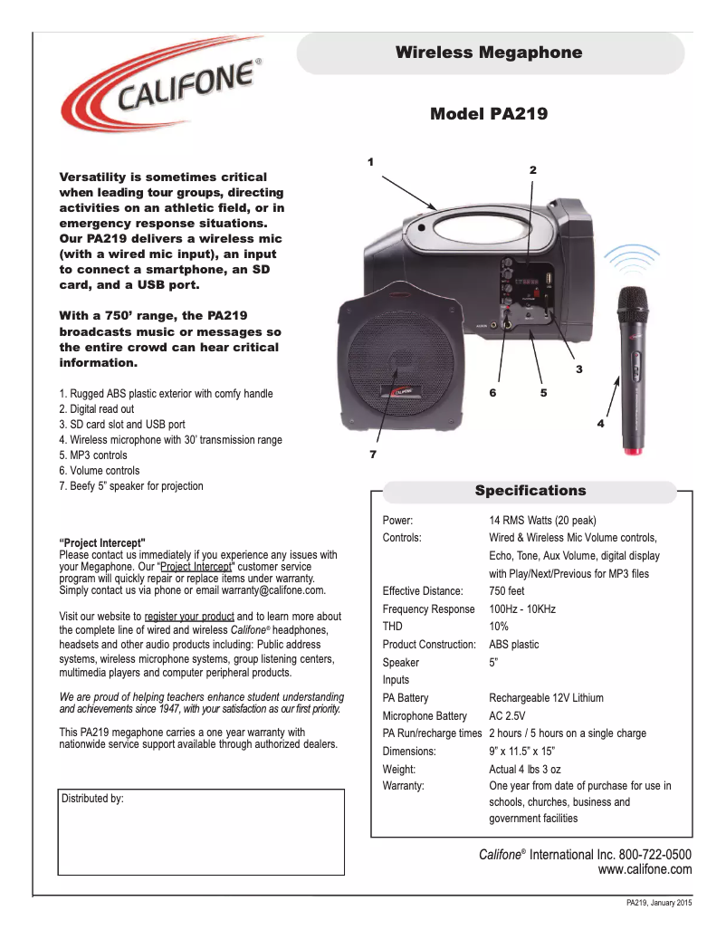 Page 1 de la notice Manuel utilisateur Califone PA219