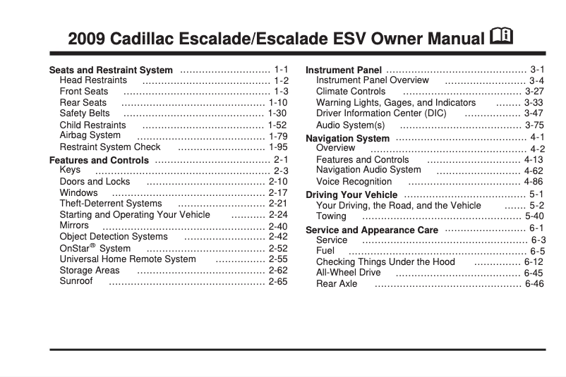 Page 1 of the manual User Manual Cadillac Escalade (2009)