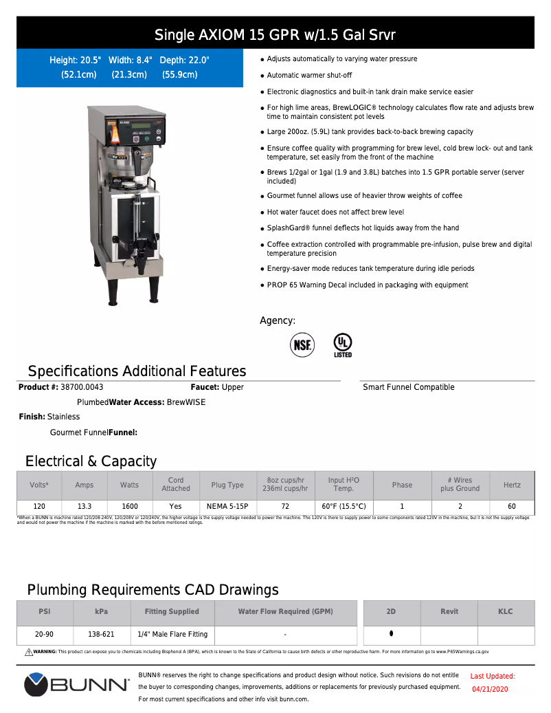 Page 1 de la notice Fiche technique Bunn Axiom