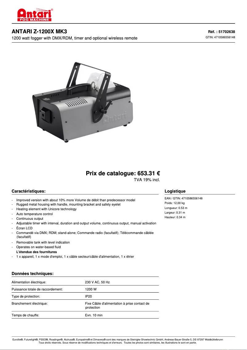 Page 1 de la notice Fiche technique Antari Z-1200 III