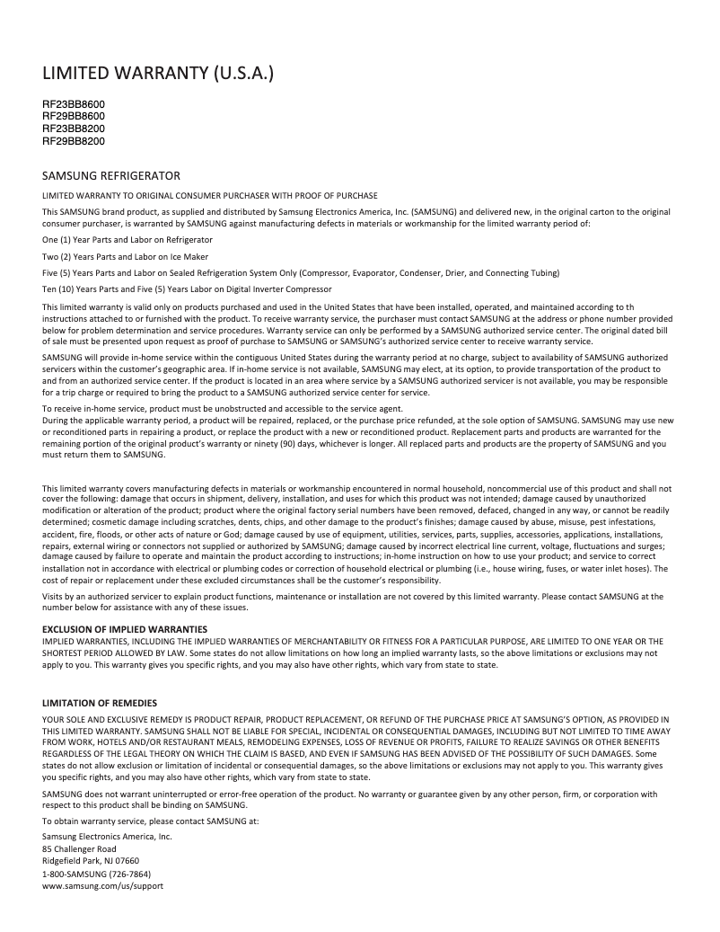 Página 1 del manual Información de garantía Samsung RF29BB8200AP