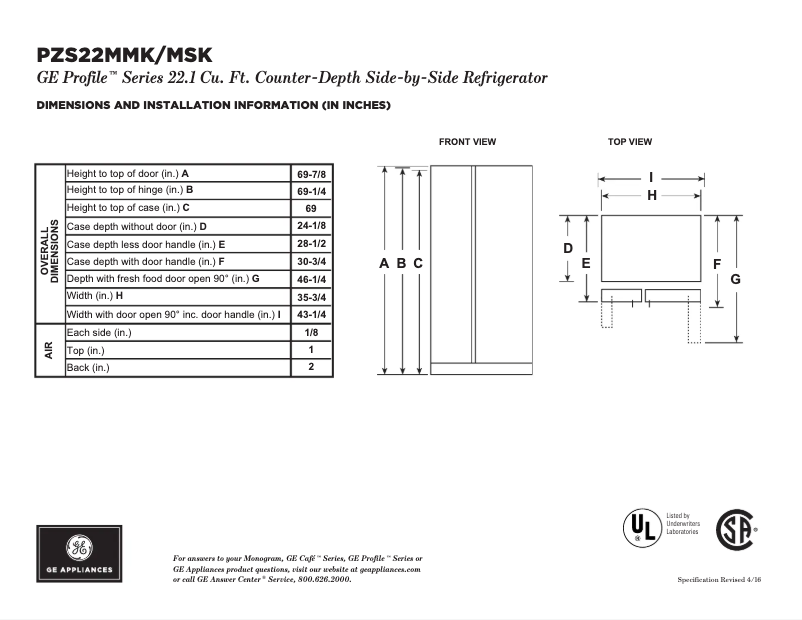 Page 1 of the manual Technical Sheet GE Profile PZS22MMKES