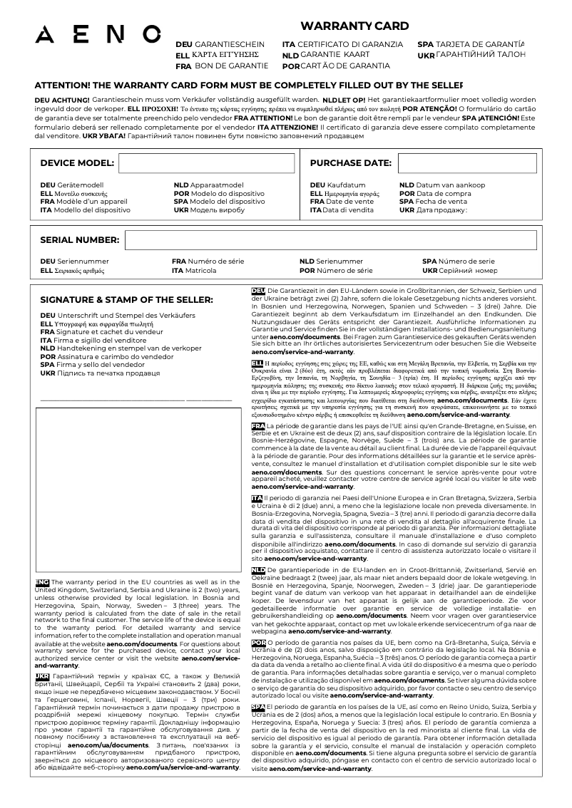 Page 1 de la notice Informations de garantie AENO DB6