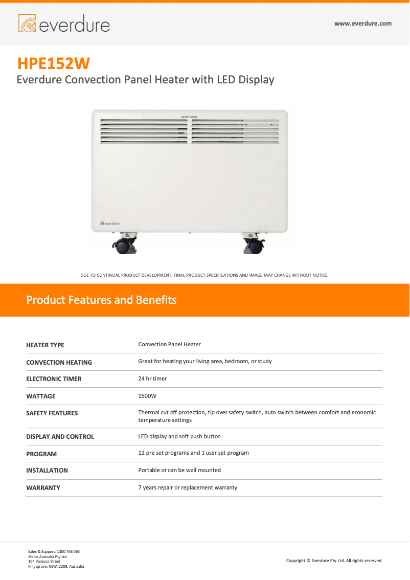 Page 1 de la notice Fiche technique Everdure HPE152W