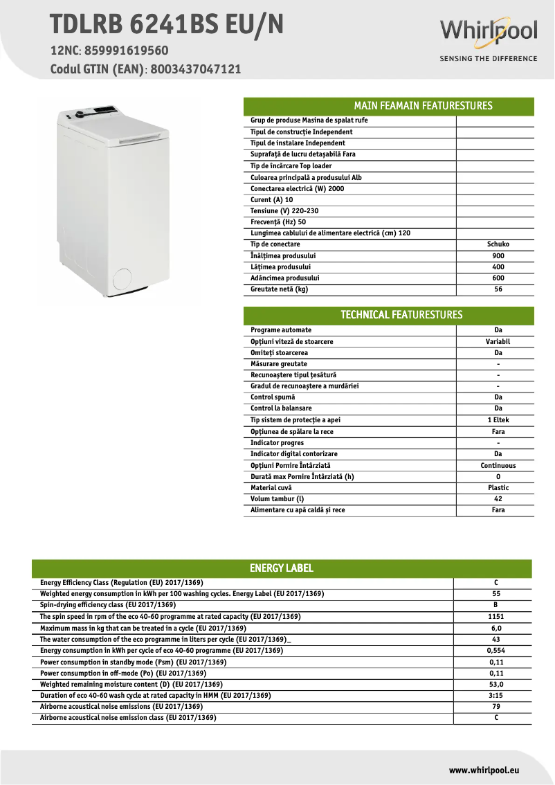 Página 1 del manual Ficha técnica Whirlpool TDLRB 6241BS EU/N
