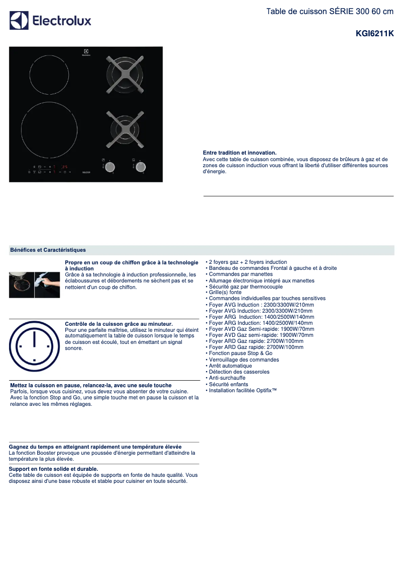 Page 1 de la notice Fiche technique Electrolux KGI6211K