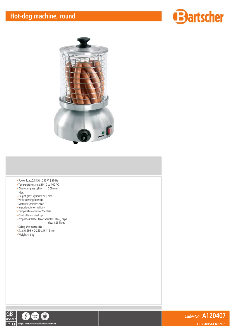 Page 1 de la notice Fiche technique Bartscher A120407