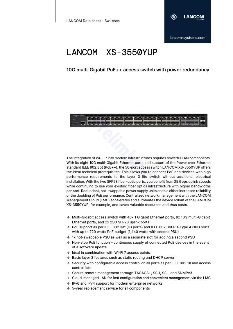 Page 1 of the manual Technical Sheet Lancom XS-3550YUP
