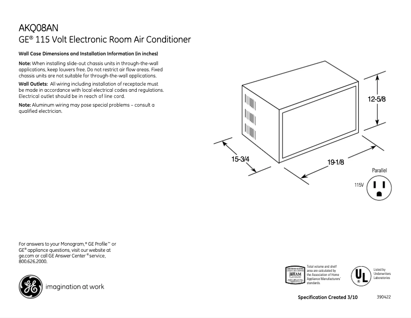 Página 1 del manual Ficha técnica GE AKQ08AN