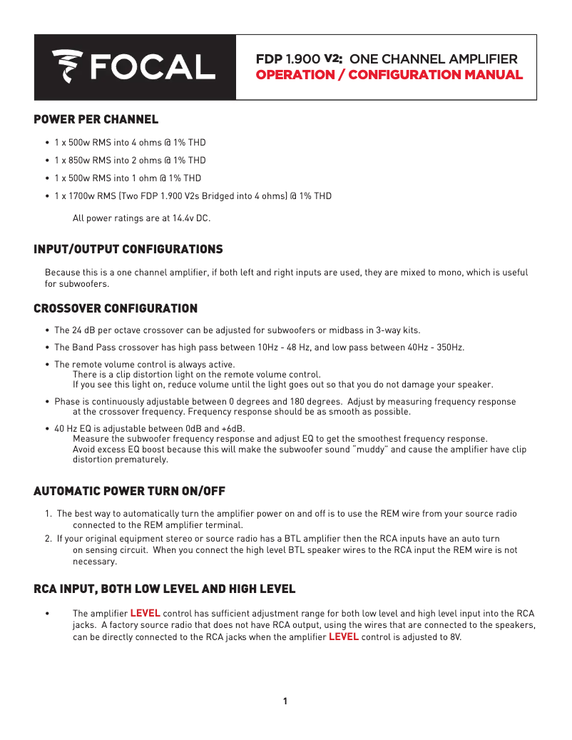 Page 1 de la notice Manuel utilisateur Focal FDP 1.900V2