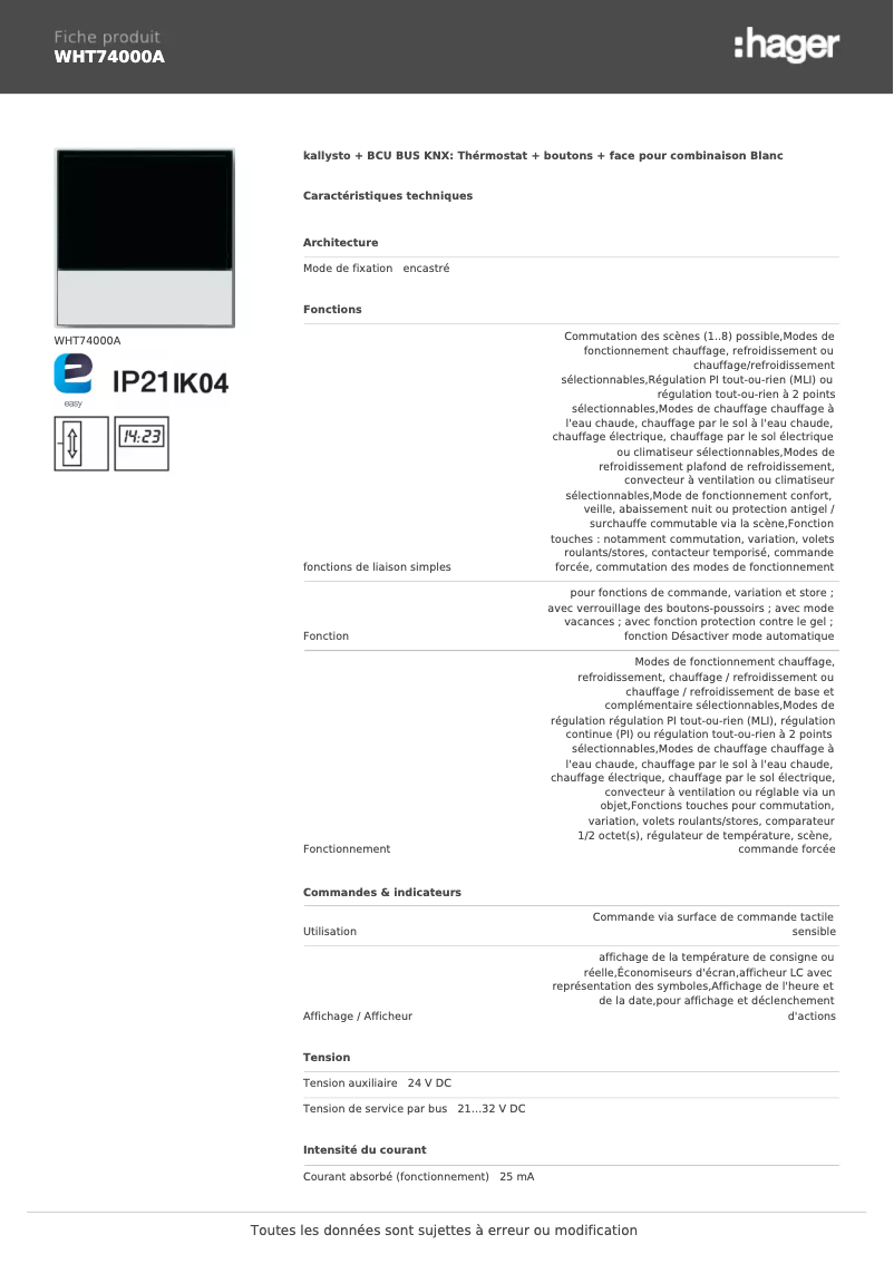 Page 1 de la notice Fiche technique Hager WHT74000A