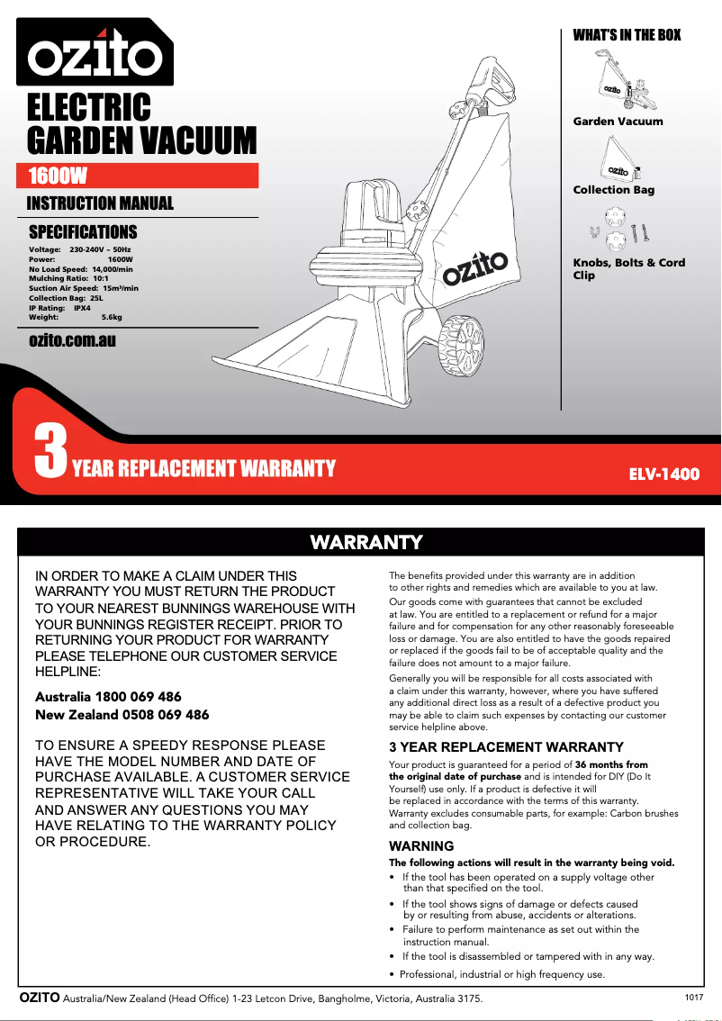 Página 1 del manual Manual de usuario Ozito ELV-1400