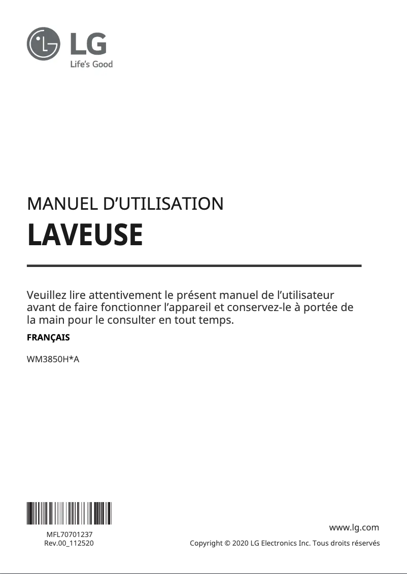 Page 1 de la notice Manuel utilisateur LG WM3850HVA
