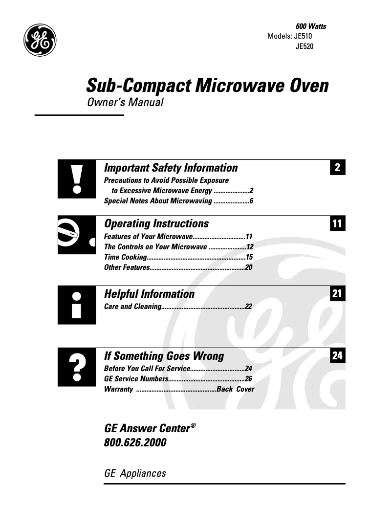Page 1 de la notice Manuel d'utilisation et d'entretien GE JE510WC