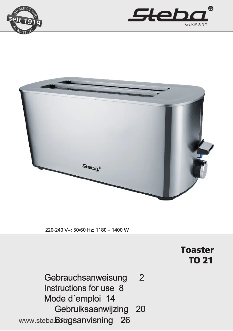 Page 1 de la notice Manuel utilisateur Steba TO 21