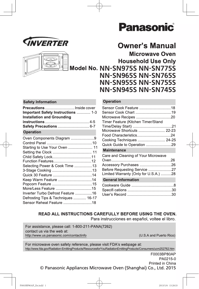 Página 1 del manual Manual de usuario Panasonic Inverter NN-SN745S