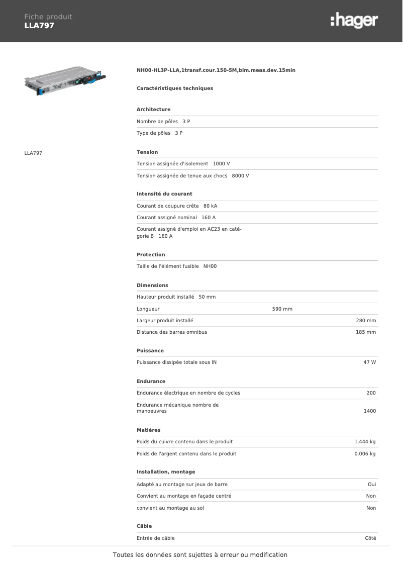 Page 1 de la notice Fiche technique Hager LLA797